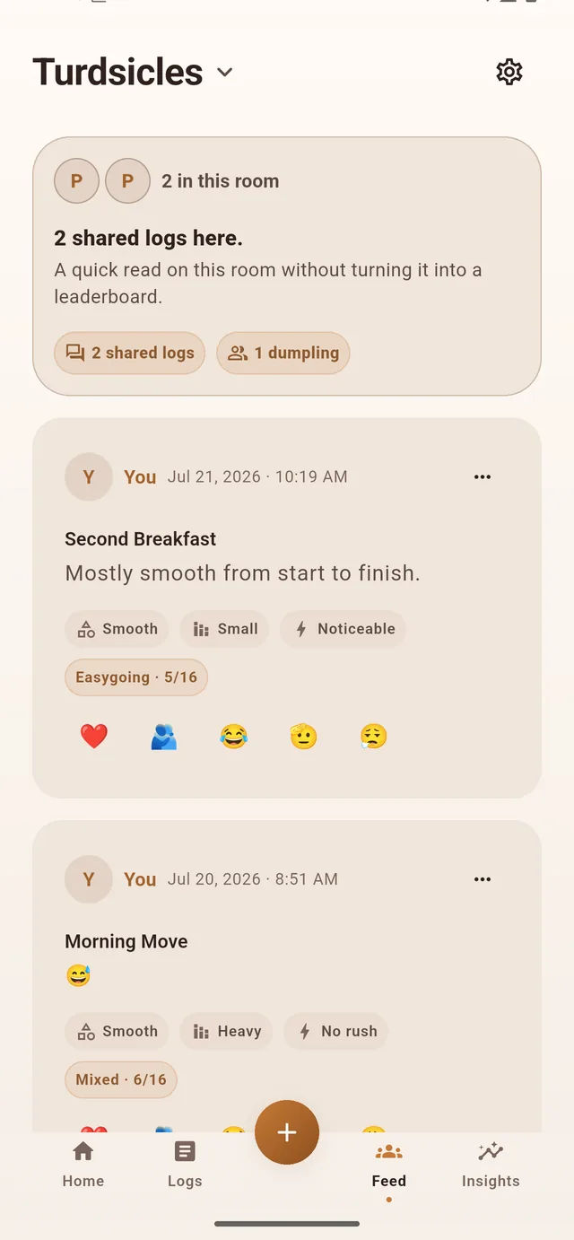 A Dump room called Turdsicles, showing two shared logs with reactions.