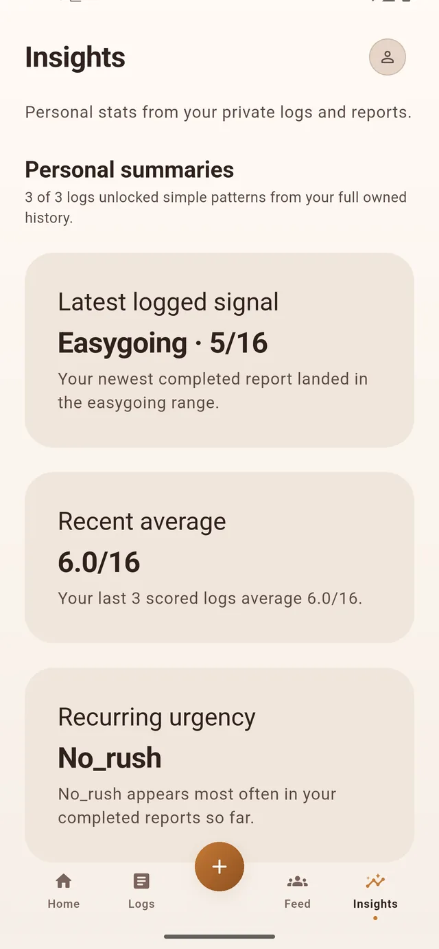 The Insights screen showing a latest logged signal, a recent average and a recurring pattern.