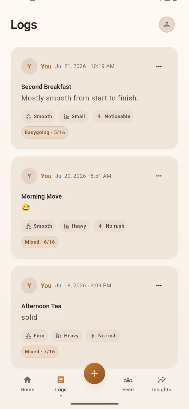 The Logs screen showing three entries titled Second Breakfast, Morning Move and Afternoon Tea.